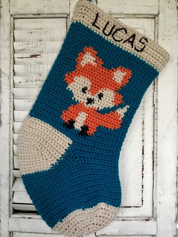 Fox crocheted Christmas stocking personalized with first name